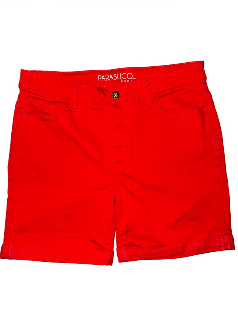 Womenโs Parasuco Red Bermuda Denim Shorts w Cuffed Hems Sz 12